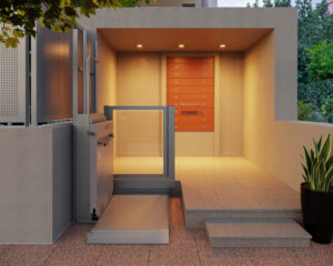 Barrierefreier Hauseingang mit Plattformlift an modernem Wohnhaus in Bonn