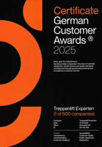 German Customer Awards 2025 Zertifikat für ausgezeichneten Kundenservice von Treppenlift Experten